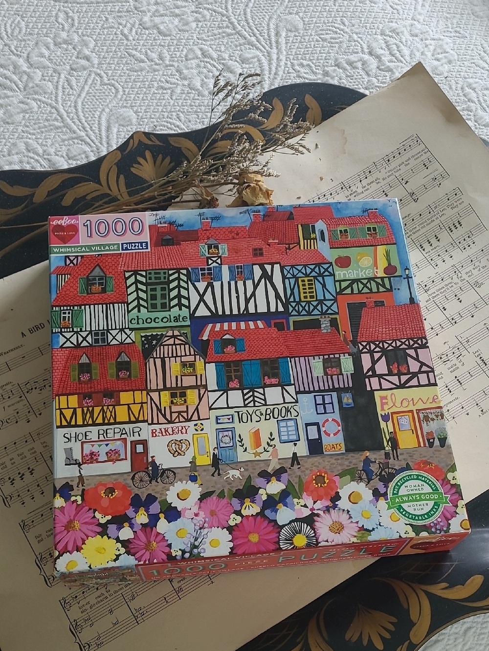 Puzzle Whimsical Village 1000 Pieces eeBoo Piece & Love, 23x23 Inches Completed